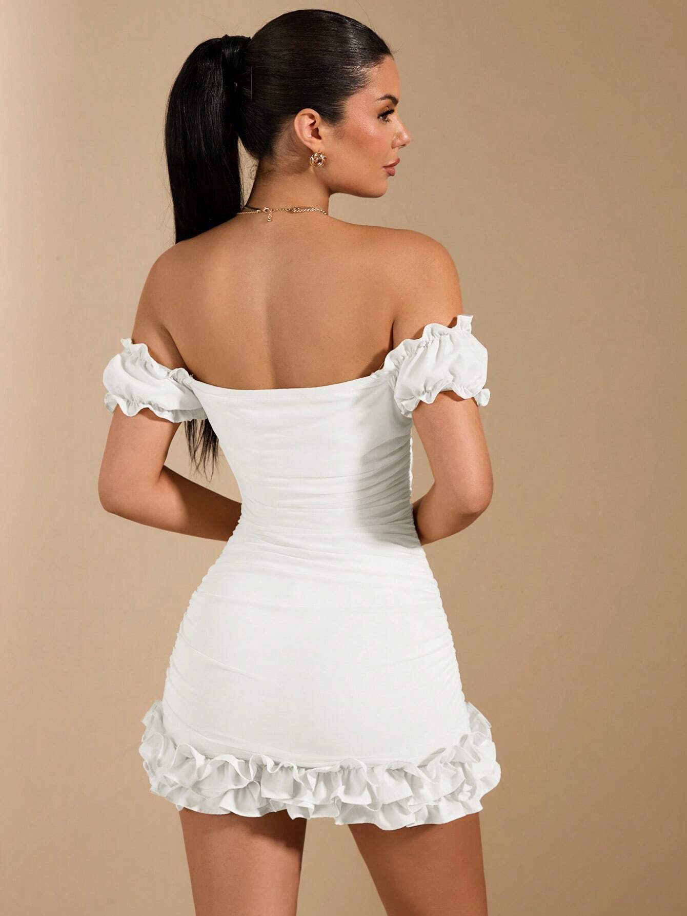 BAE White & Summer & Sweet Date & Everyday Date & Goddess Day & Wedding Dress & Beach Vacation & Girly Fitted Ruffle Hem Cupped Lace Sleeve Flouncy Dress Organza Textured Hem Women's Short Mini Dress,White Graduation Dress