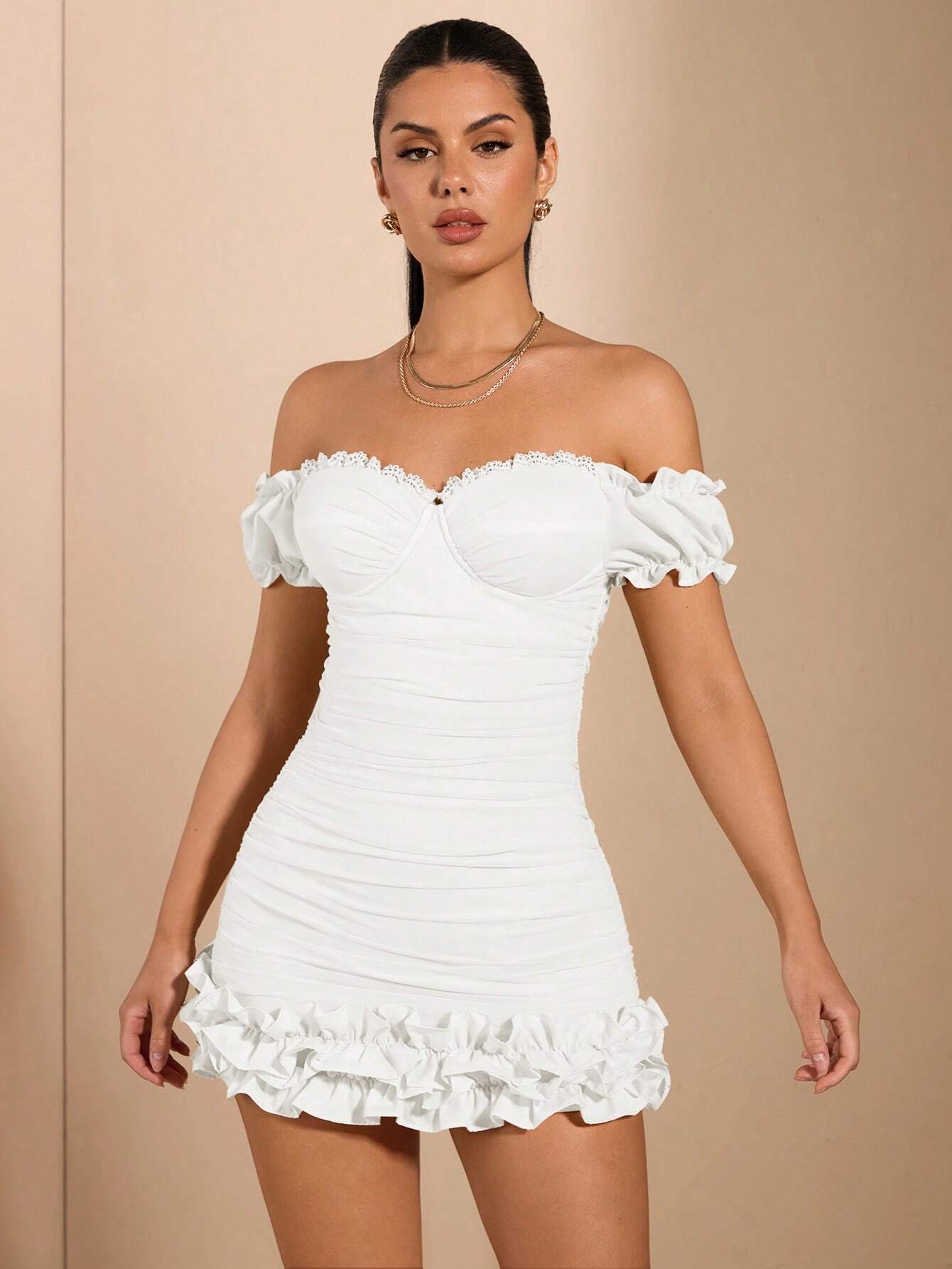 BAE White & Summer & Sweet Date & Everyday Date & Goddess Day & Wedding Dress & Beach Vacation & Girly Fitted Ruffle Hem Cupped Lace Sleeve Flouncy Dress Organza Textured Hem Women's Short Mini Dress,White Graduation Dress