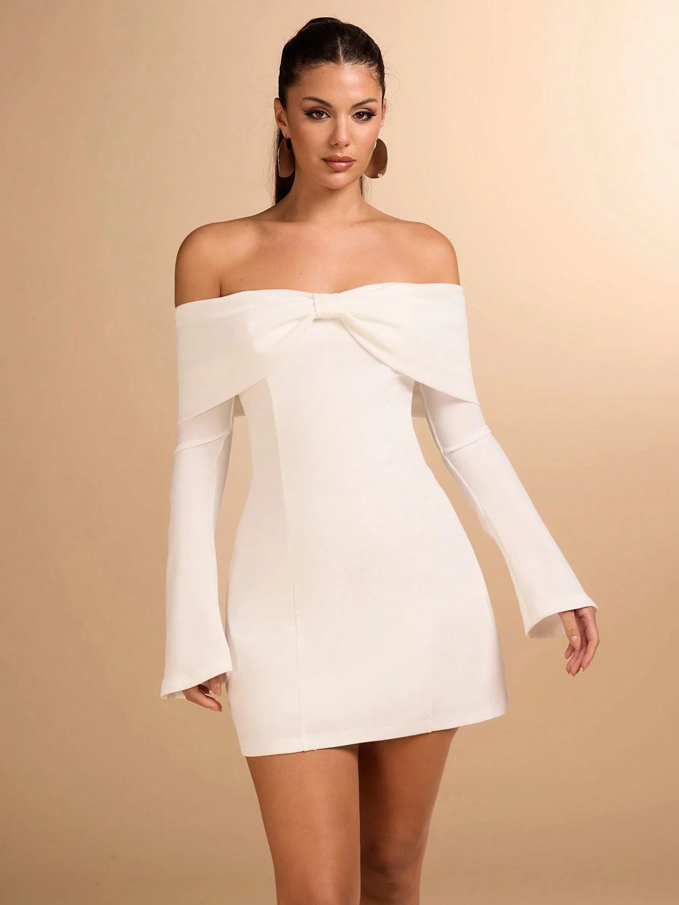 BAE Women's Autumn Off-Shoulder Long Sleeve Bowknot Decor Cocktail Dress For Party, Date Night Summer Outfits For Women//Spring Clothes//Valentine's Day Outfit/Carnaval//Beach Vacation Outits,White Graduation Dress