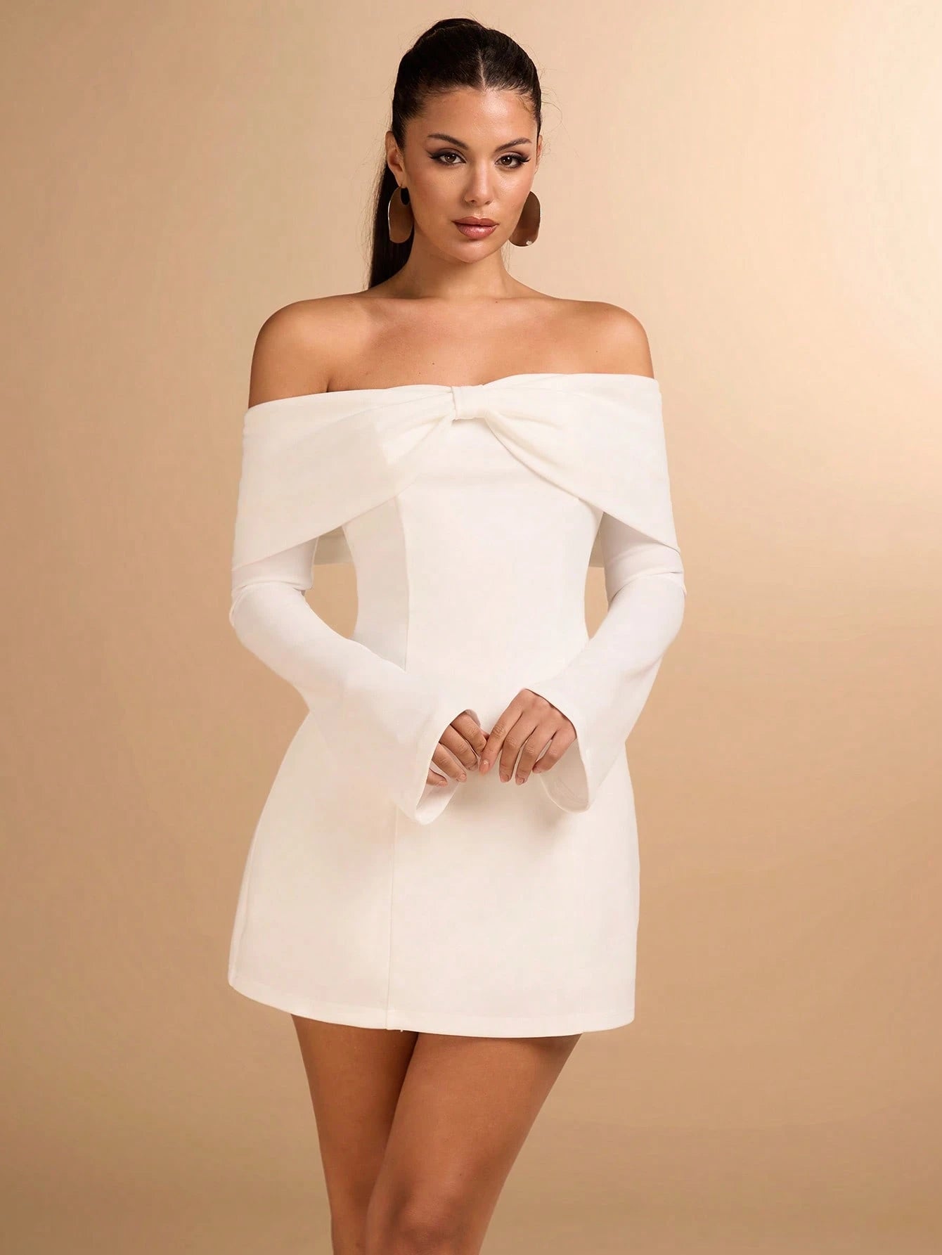 BAE Women's Autumn Off-Shoulder Long Sleeve Bowknot Decor Cocktail Dress For Party, Date Night Summer Outfits For Women//Spring Clothes//Valentine's Day Outfit/Carnaval//Beach Vacation Outits,White Graduation Dress