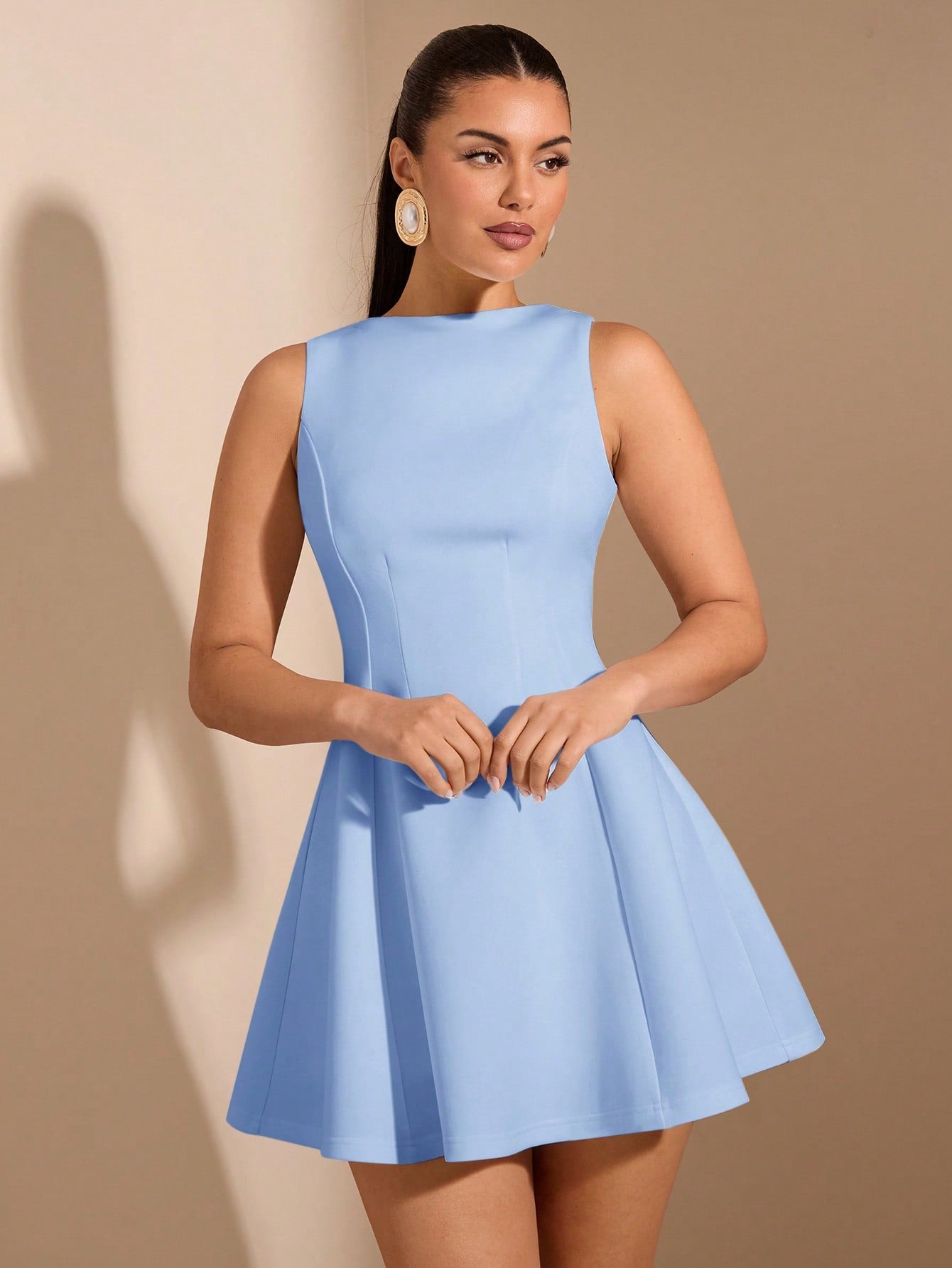 SHEIN BAE Women's Solid Color Date Night A-Line Sleeveless Waist Fitted Elegant Dress, Autumn,Summer Dresses For Women,Tea Party Dress,White Graduation Dress