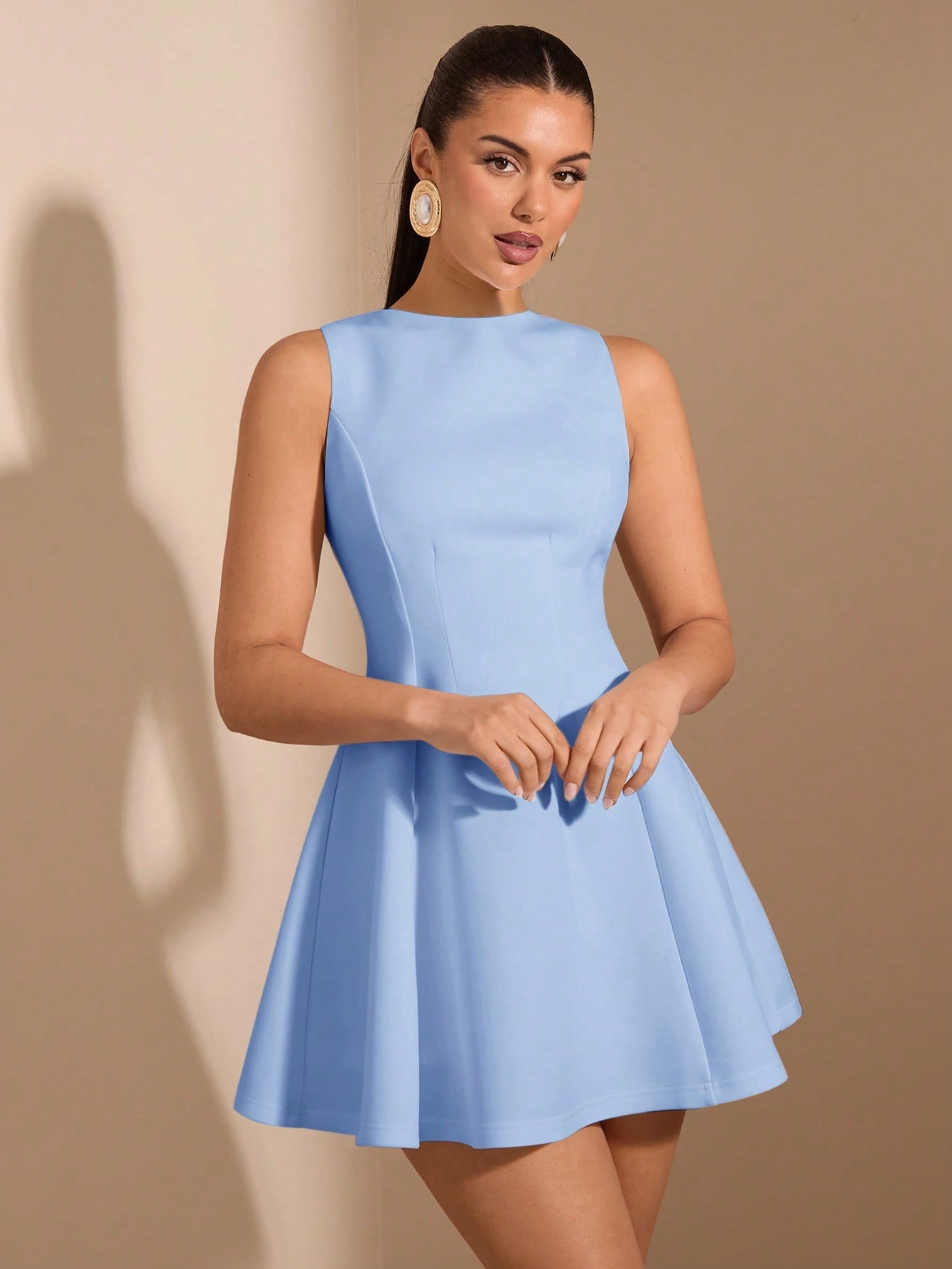 SHEIN BAE Women's Solid Color Date Night A-Line Sleeveless Waist Fitted Elegant Dress, Autumn,Summer Dresses For Women,Tea Party Dress,White Graduation Dress