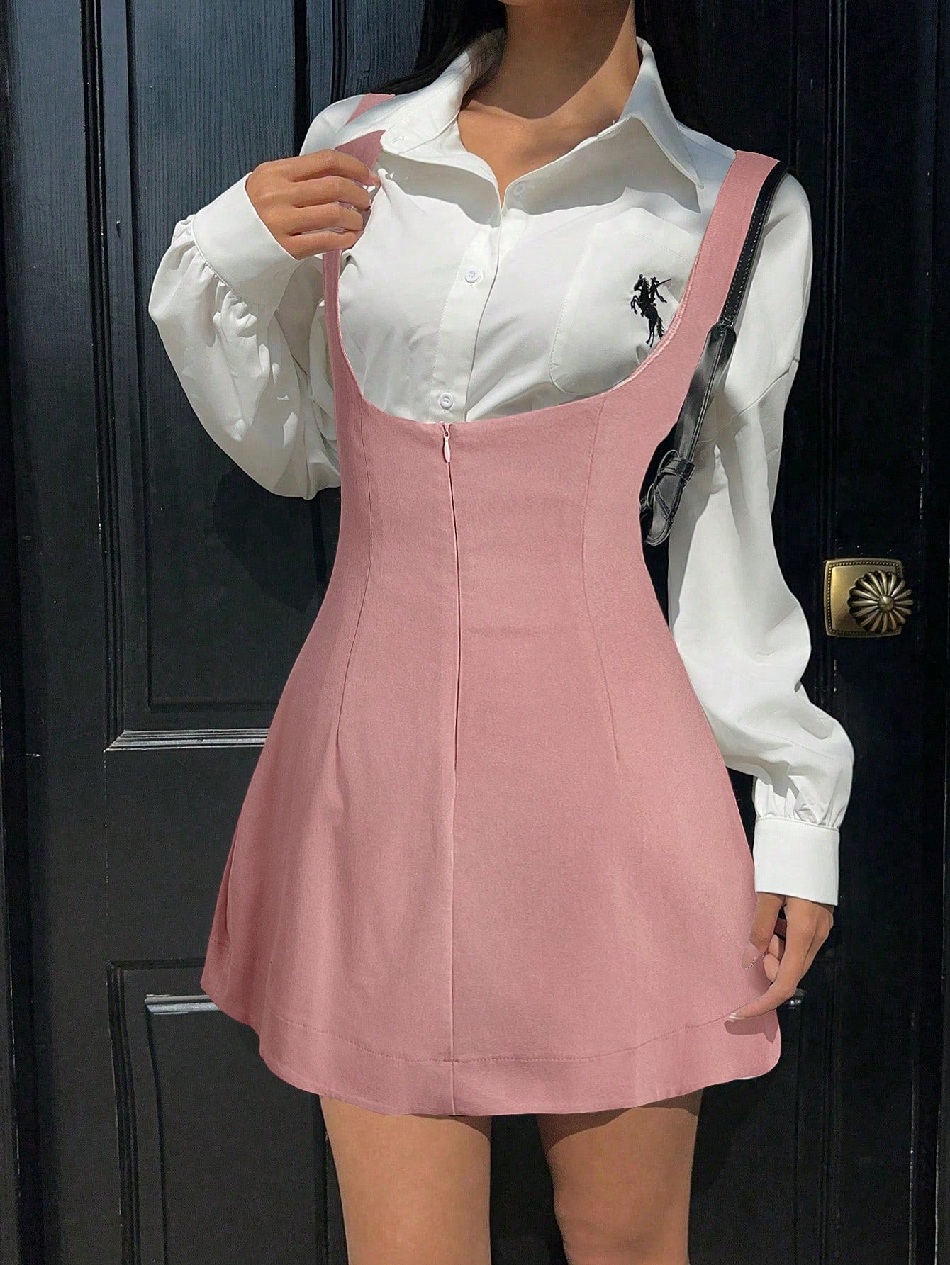 Women Summer Solid Zipper Front Casual Versatile Jumper Dress White Dresses,Summer Dresses For Women,Tea Party Dress,White Graduation Dress,Business Casual Woman