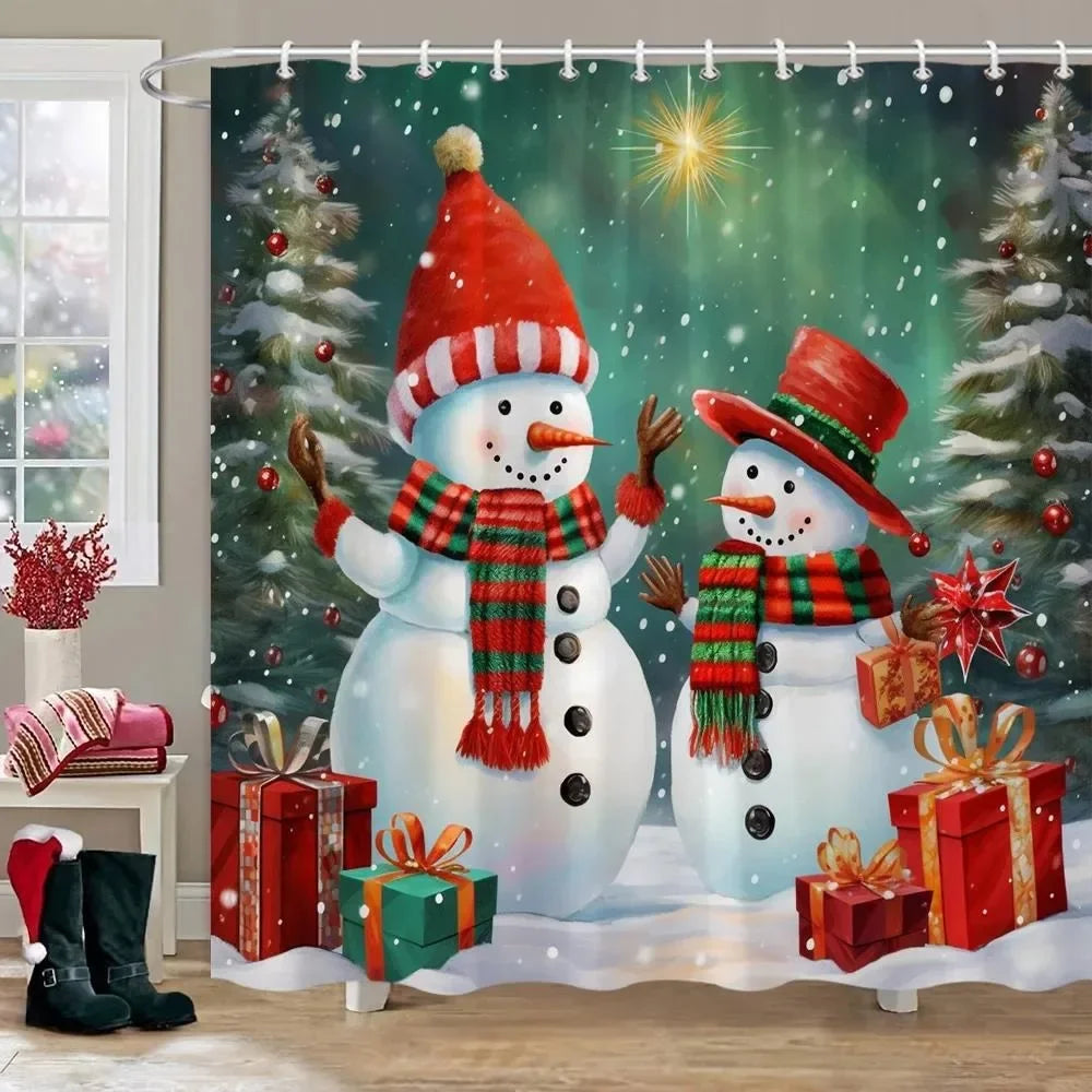 Christmas Tree Gifts Red Bird Winter Snow Fabric Printed Bath Curtain Bathroom Decor with Hooks99