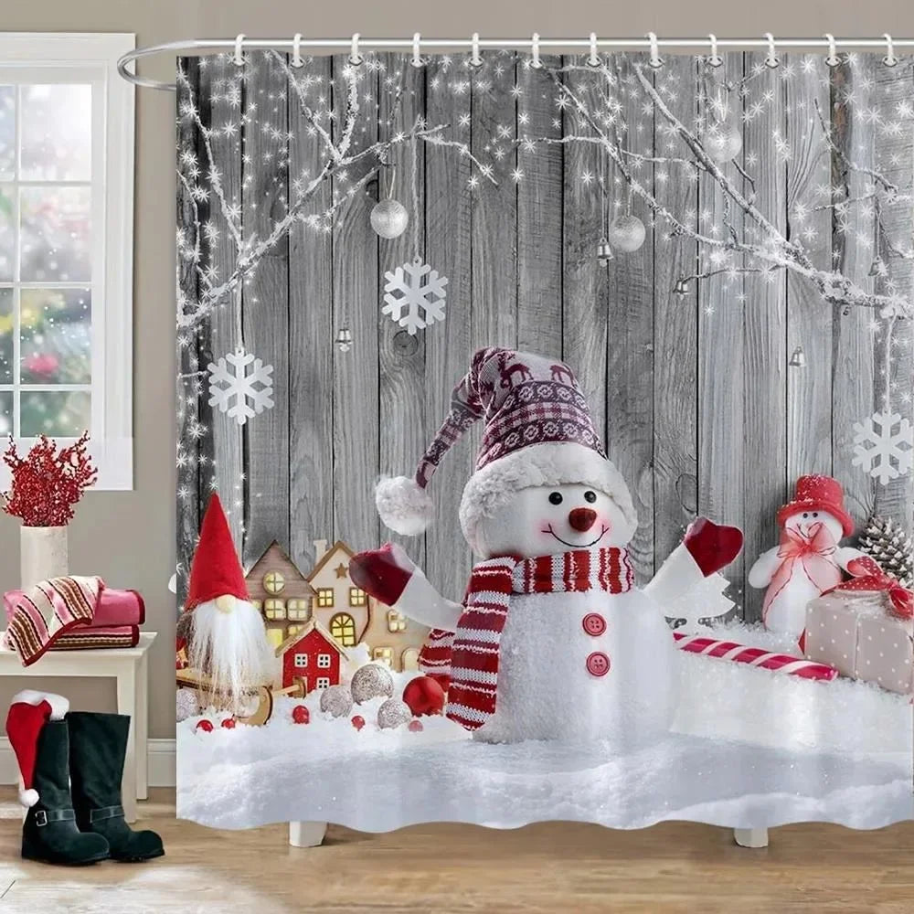 Christmas Tree Gifts Red Bird Winter Snow Fabric Printed Bath Curtain Bathroom Decor with Hooks99