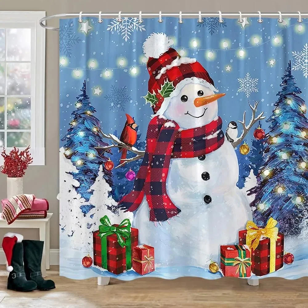 Christmas Tree Gifts Red Bird Winter Snow Fabric Printed Bath Curtain Bathroom Decor with Hooks99