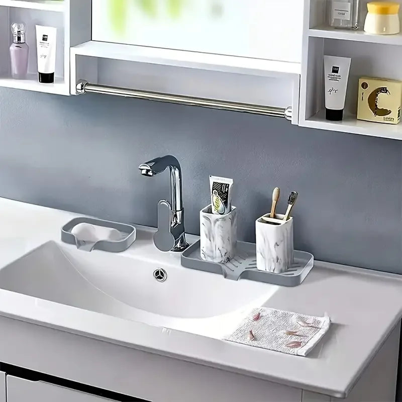 Silicone Kitchen Sink Faucet Mat, Soap Dispenser Tray, Sponge Drain Pad, Splash Drying Mat, Countertop Storage and Soap Holder