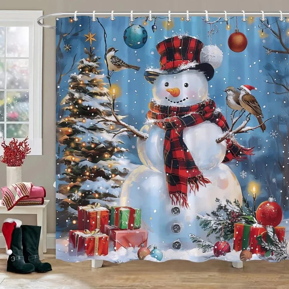 Christmas Tree Gifts Red Bird Winter Snow Fabric Printed Bath Curtain Bathroom Decor with Hooks99