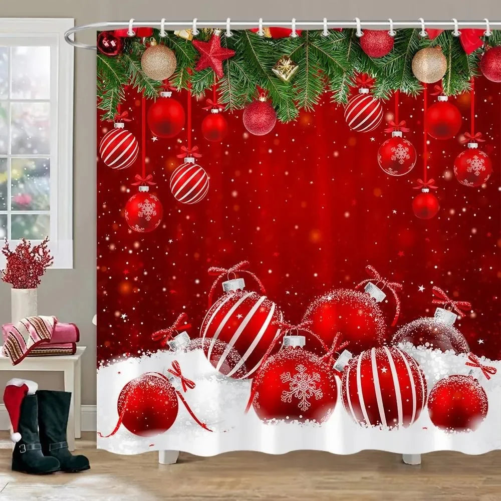 Christmas Tree Gifts Red Bird Winter Snow Fabric Printed Bath Curtain Bathroom Decor with Hooks99