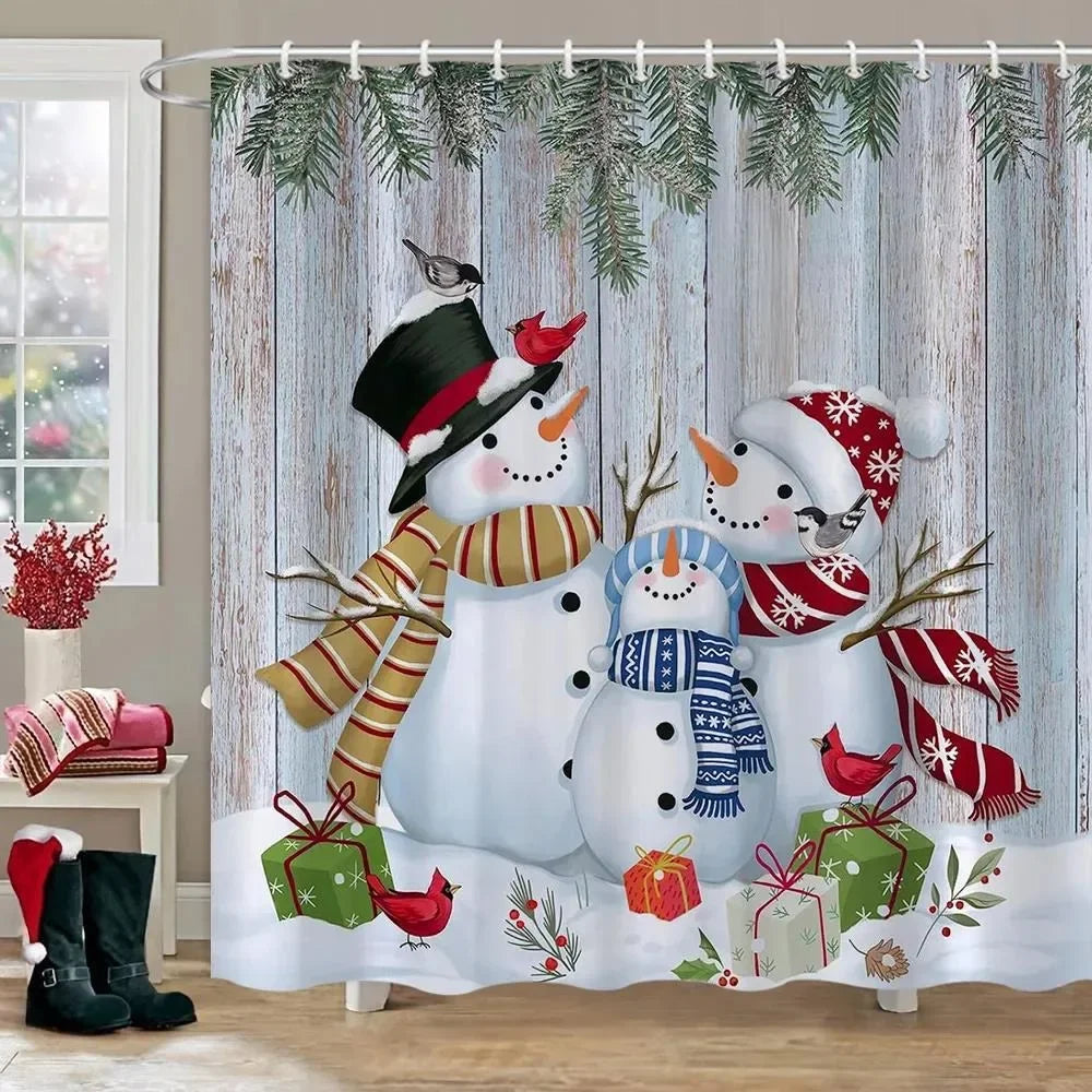 Christmas Tree Gifts Red Bird Winter Snow Fabric Printed Bath Curtain Bathroom Decor with Hooks99