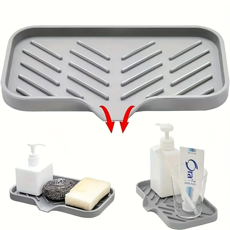 Silicone Kitchen Sink Faucet Mat, Soap Dispenser Tray, Sponge Drain Pad, Splash Drying Mat, Countertop Storage and Soap Holder