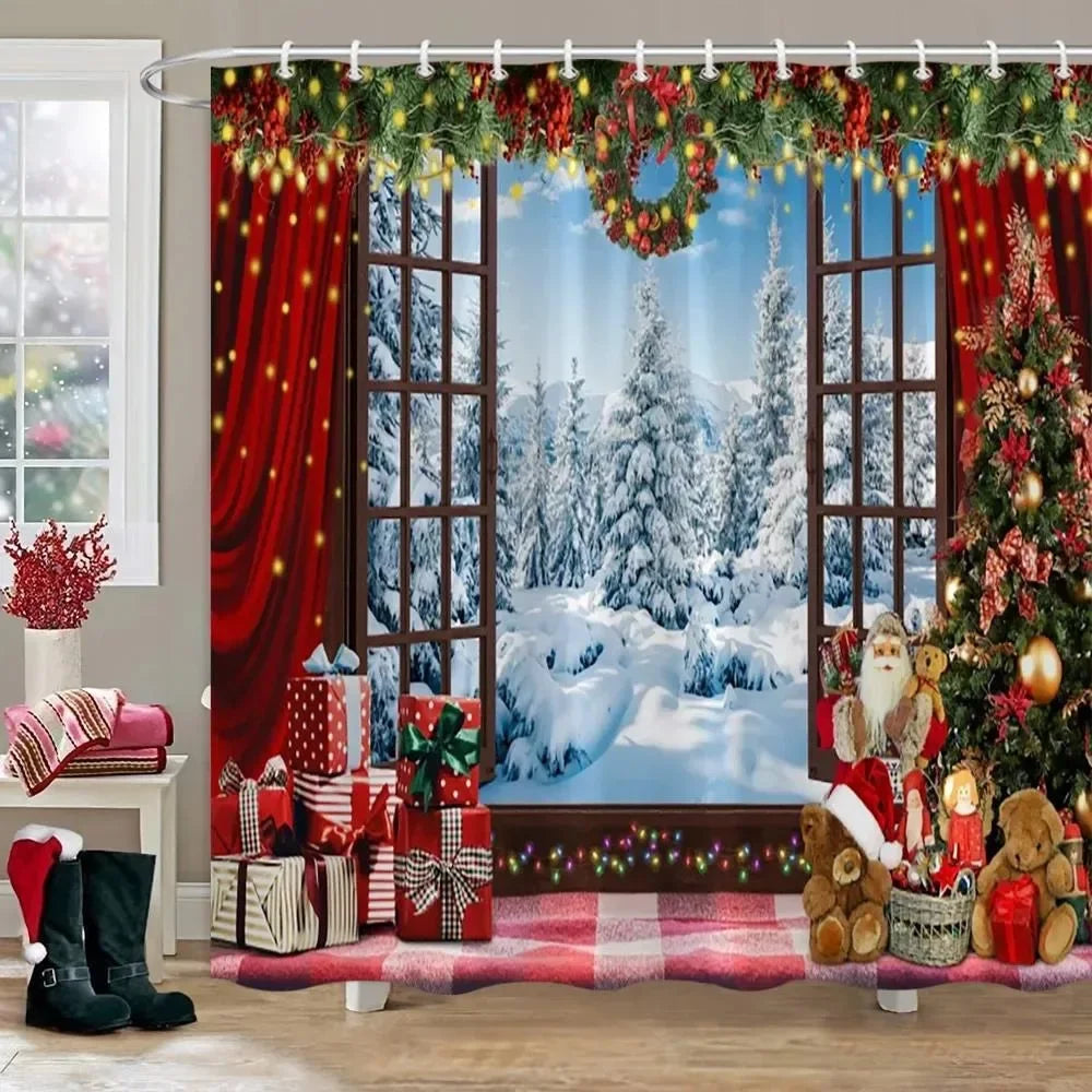 Christmas Tree Gifts Red Bird Winter Snow Fabric Printed Bath Curtain Bathroom Decor with Hooks99