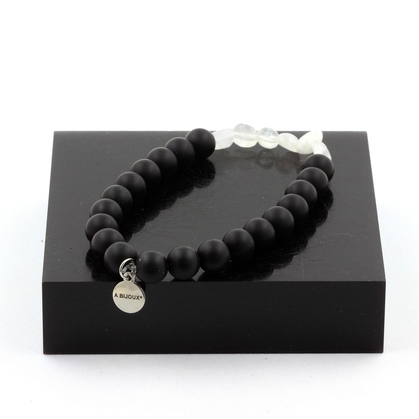 Moonstone from India + Matte Black Onyx Bracelet 8 mm Beads.