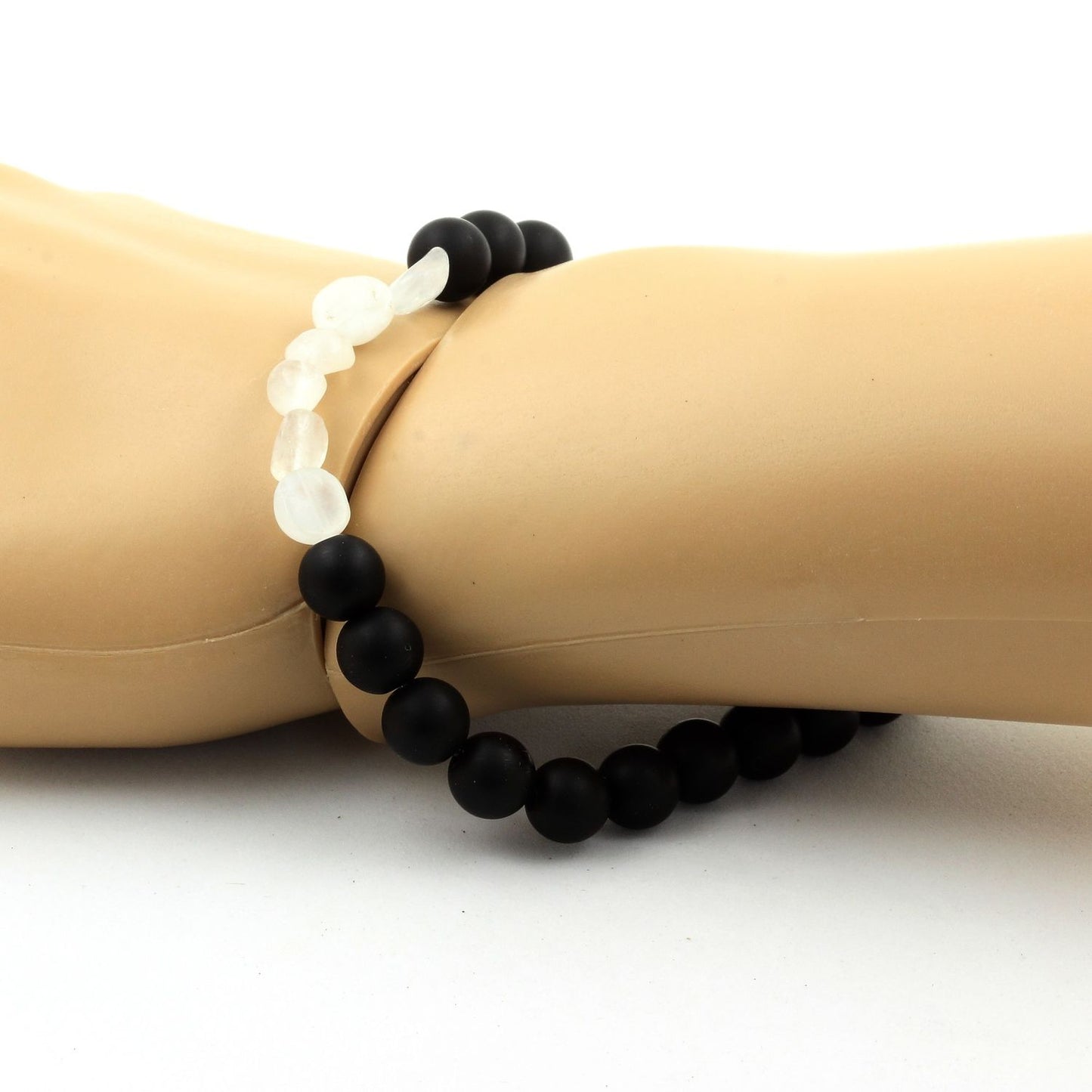 Moonstone from India + Matte Black Onyx Bracelet 8 mm Beads.