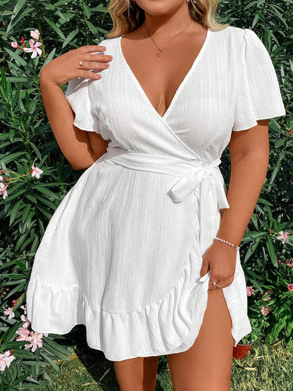 Sunnyshic Plus Size Women's Ruffled Short Sleeve Dress Vacation Beach Outfit