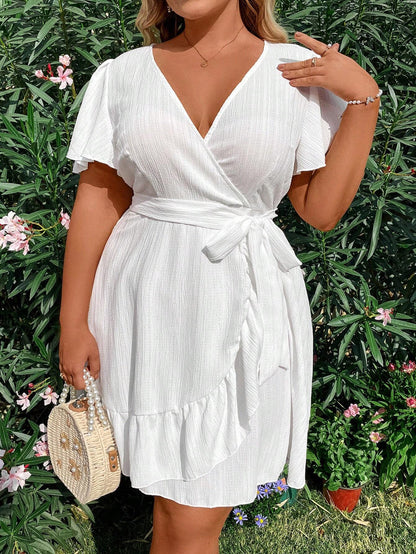 Sunnyshic Plus Size Women's Ruffled Short Sleeve Dress Vacation Beach Outfit