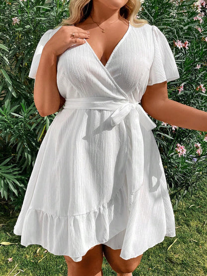 Sunnyshic Plus Size Women's Ruffled Short Sleeve Dress Vacation Beach Outfit