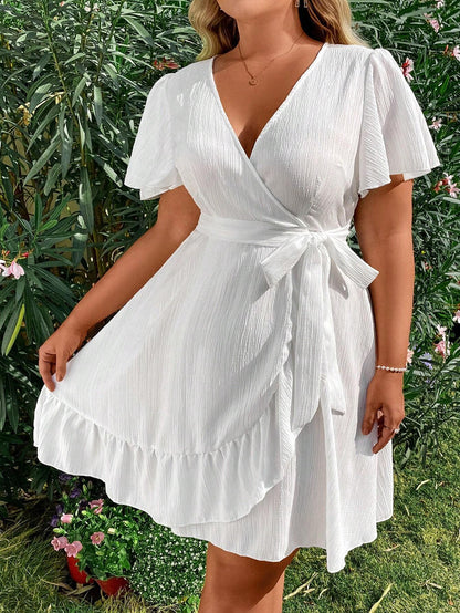 Sunnyshic Plus Size Women's Ruffled Short Sleeve Dress Vacation Beach Outfit