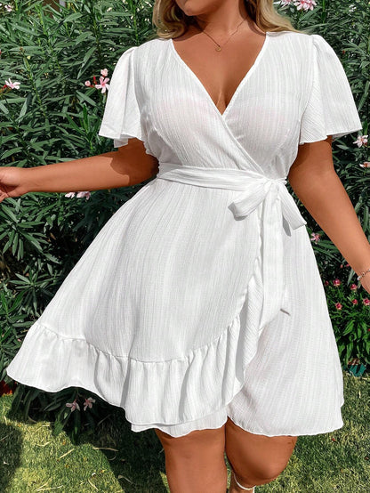 Sunnyshic Plus Size Women's Ruffled Short Sleeve Dress Vacation Beach Outfit