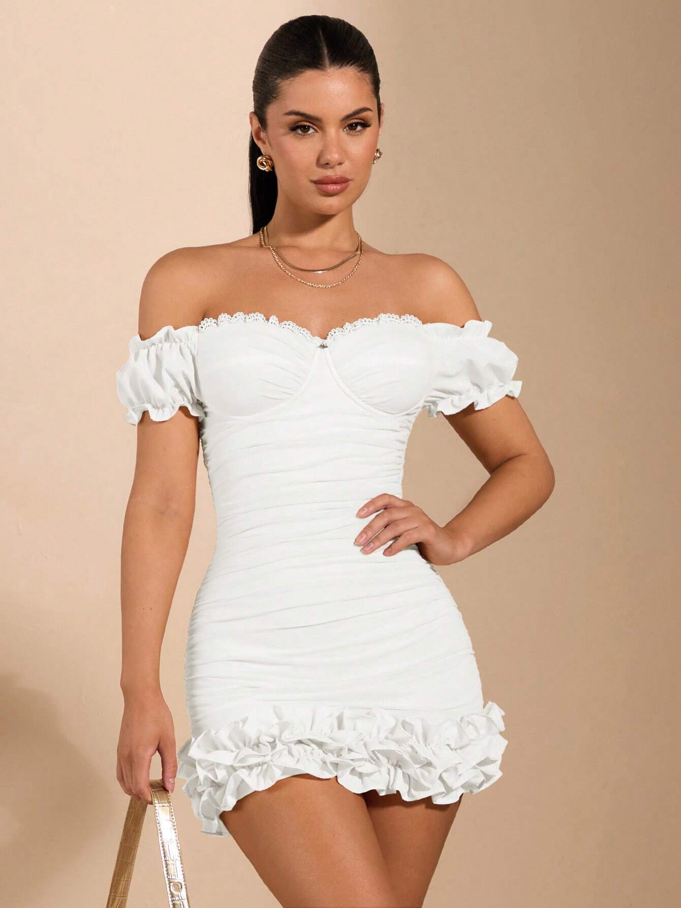 BAE White & Summer & Sweet Date & Everyday Date & Goddess Day & Wedding Dress & Beach Vacation & Girly Fitted Ruffle Hem Cupped Lace Sleeve Flouncy Dress Organza Textured Hem Women's Short Mini Dress,White Graduation Dress