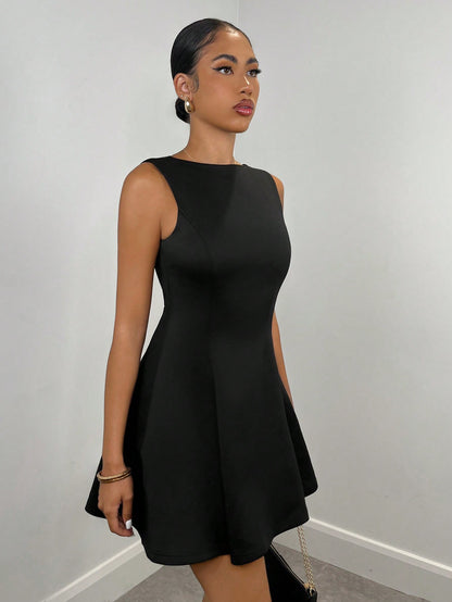 SHEIN BAE Women's Solid Color Date Night A-Line Sleeveless Waist Fitted Elegant Dress, Autumn,Summer Dresses For Women,Tea Party Dress,White Graduation Dress