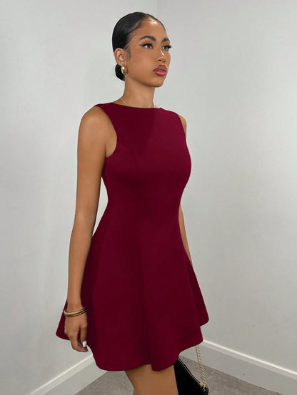 SHEIN BAE Women's Solid Color Date Night A-Line Sleeveless Waist Fitted Elegant Dress, Autumn,Summer Dresses For Women,Tea Party Dress,White Graduation Dress