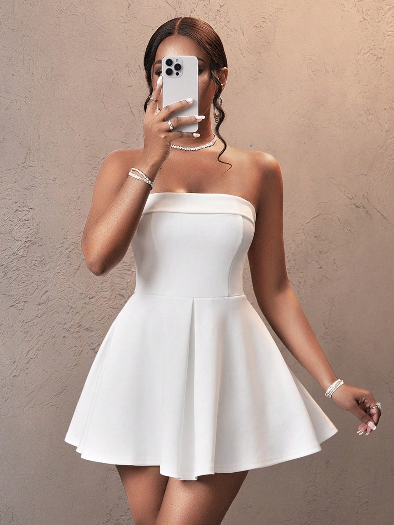 Slaydiva 2025 Summer Music Festival Wedding Season Party New Elegant Date Tube Top Cuff Design A Swing Umbrella Skirt White Knitted Mini Skirt Women's Mini Dress,White Graduation Dress