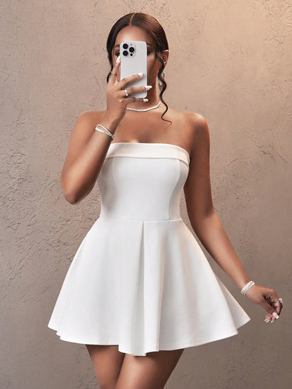 Slaydiva 2025 Summer Music Festival Wedding Season Party New Elegant Date Tube Top Cuff Design A Swing Umbrella Skirt White Knitted Mini Skirt Women's Mini Dress,White Graduation Dress