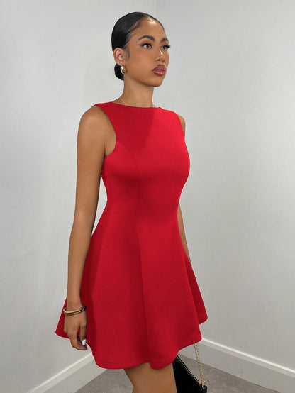SHEIN BAE Women's Solid Color Date Night A-Line Sleeveless Waist Fitted Elegant Dress, Autumn,Summer Dresses For Women,Tea Party Dress,White Graduation Dress
