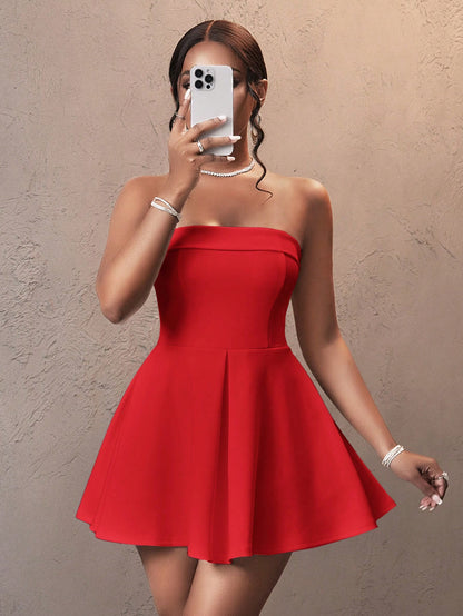 Slaydiva 2025 Summer Music Festival Wedding Season Party New Elegant Date Tube Top Cuff Design A Swing Umbrella Skirt White Knitted Mini Skirt Women's Mini Dress,White Graduation Dress