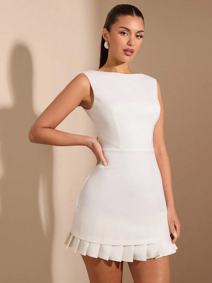 SHEIN BAE Women's Black Romantic & Sweet Pleated Contrast Color Trim Detail Dress, Suitable For Dating, Travel,Summer Dresses For Women,White Graduation Dress,Business Casual Woman