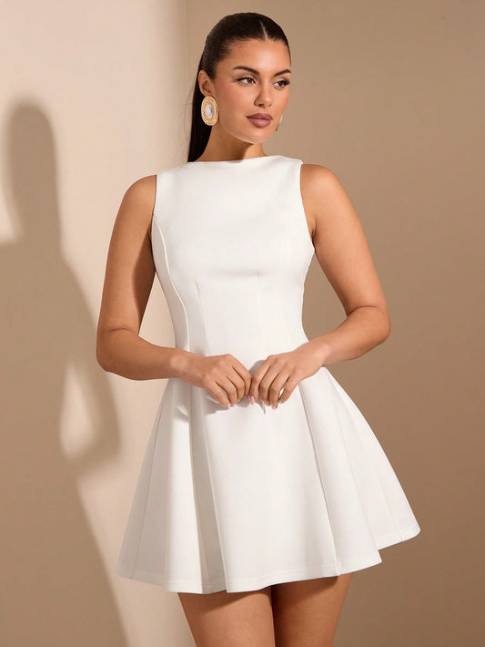 SHEIN BAE Women's Solid Color Date Night A-Line Sleeveless Waist Fitted Elegant Dress, Autumn,Summer Dresses For Women,Tea Party Dress,White Graduation Dress