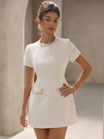Aveloria Rosie Chunky Beaded Decor Fitted Waist Slim Minimalist Short Sleeve Mini Dress, Suitable For Valentine's Day, Spring & Summer
