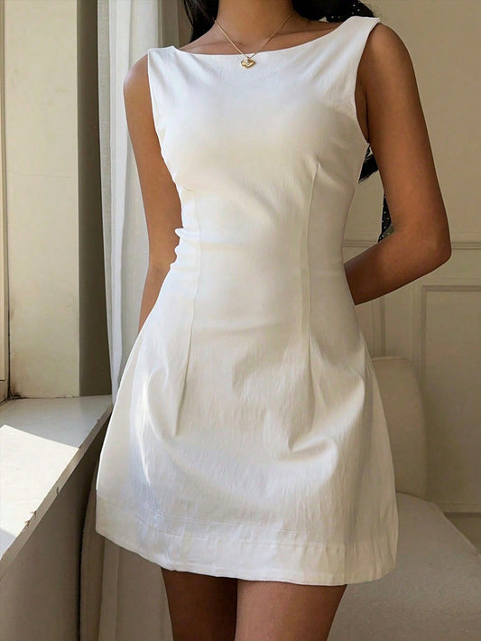 Women Summer Solid Zipper Front Casual Versatile Jumper Dress White Dresses,Summer Dresses For Women,Tea Party Dress,White Graduation Dress,Business Casual Woman