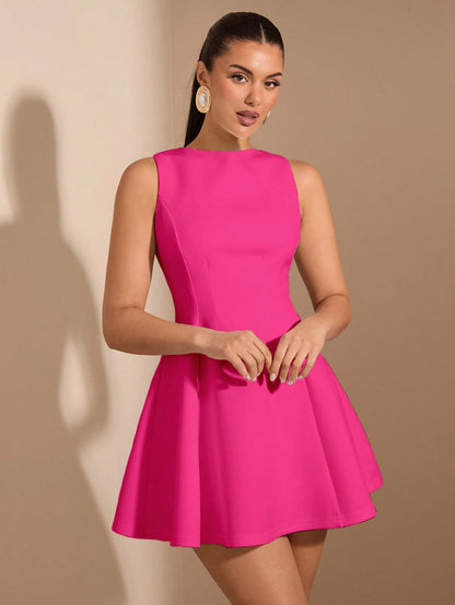 SHEIN BAE Women's Solid Color Date Night A-Line Sleeveless Waist Fitted Elegant Dress, Autumn,Summer Dresses For Women,Tea Party Dress,White Graduation Dress
