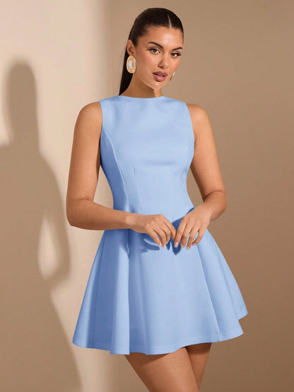 SHEIN BAE Women's Solid Color Date Night A-Line Sleeveless Waist Fitted Elegant Dress, Autumn,Summer Dresses For Women,Tea Party Dress,White Graduation Dress