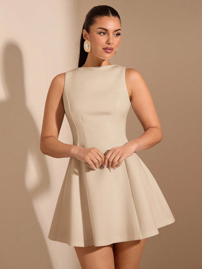 SHEIN BAE Women's Solid Color Date Night A-Line Sleeveless Waist Fitted Elegant Dress, Autumn,Summer Dresses For Women,Tea Party Dress,White Graduation Dress