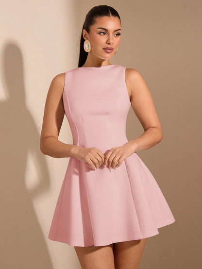 SHEIN BAE Women's Solid Color Date Night A-Line Sleeveless Waist Fitted Elegant Dress, Autumn,Summer Dresses For Women,Tea Party Dress,White Graduation Dress