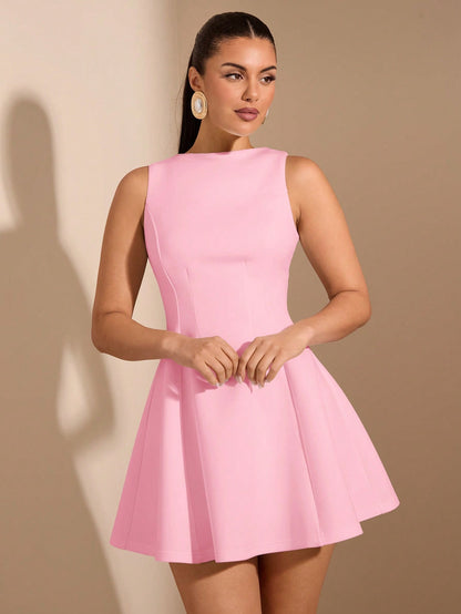 SHEIN BAE Women's Solid Color Date Night A-Line Sleeveless Waist Fitted Elegant Dress, Autumn,Summer Dresses For Women,Tea Party Dress,White Graduation Dress