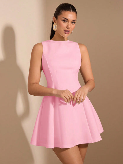 SHEIN BAE Women's Solid Color Date Night A-Line Sleeveless Waist Fitted Elegant Dress, Autumn,Summer Dresses For Women,Tea Party Dress,White Graduation Dress