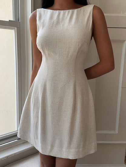 Women Summer Solid Zipper Front Casual Versatile Jumper Dress White Dresses,Summer Dresses For Women,Tea Party Dress,White Graduation Dress,Business Casual Woman