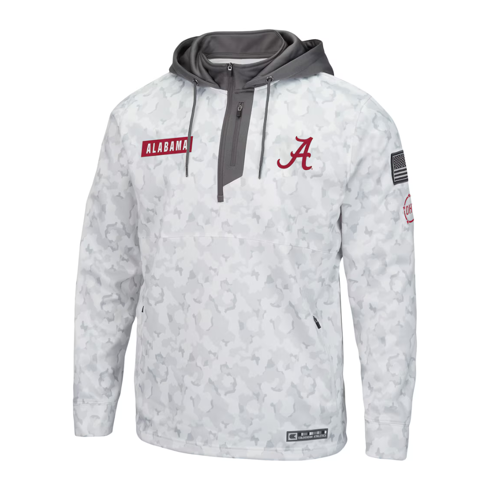 Alabama Crimson Tide Colosseum OHT Quarter Zip Hoodie for Men Arctic Camo Performance College Fan Wear