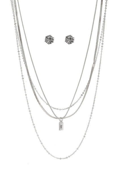 RECTANGLE CLEAR PENDANT LAYERED NECKLACE SET