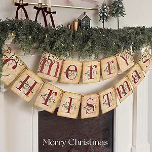 Vintage Merry Christmas Banner – Retro Victorian Holiday Decoration for Home & Fireplace