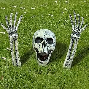 FOYA 3 Pcs Halloween Skeleton Decorations Outdoor, Realistic Looking Skeleton Yard Stakes, Groundbreaker Skull Decor for Graveyard Yard Lawn Garden Party Supplies