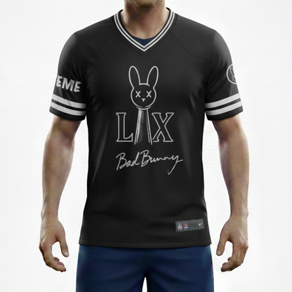 LAX Bad Rabbit Football Jersey Black Streetwear Shirt with Bunny Graphic for Men and Women