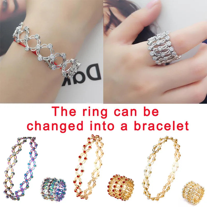 2 In 1 New Creative Magic Stretchable Ring Bracelet For Women Charm Shiny Crystal Retractable Bracelets Rings Jewelry Gift