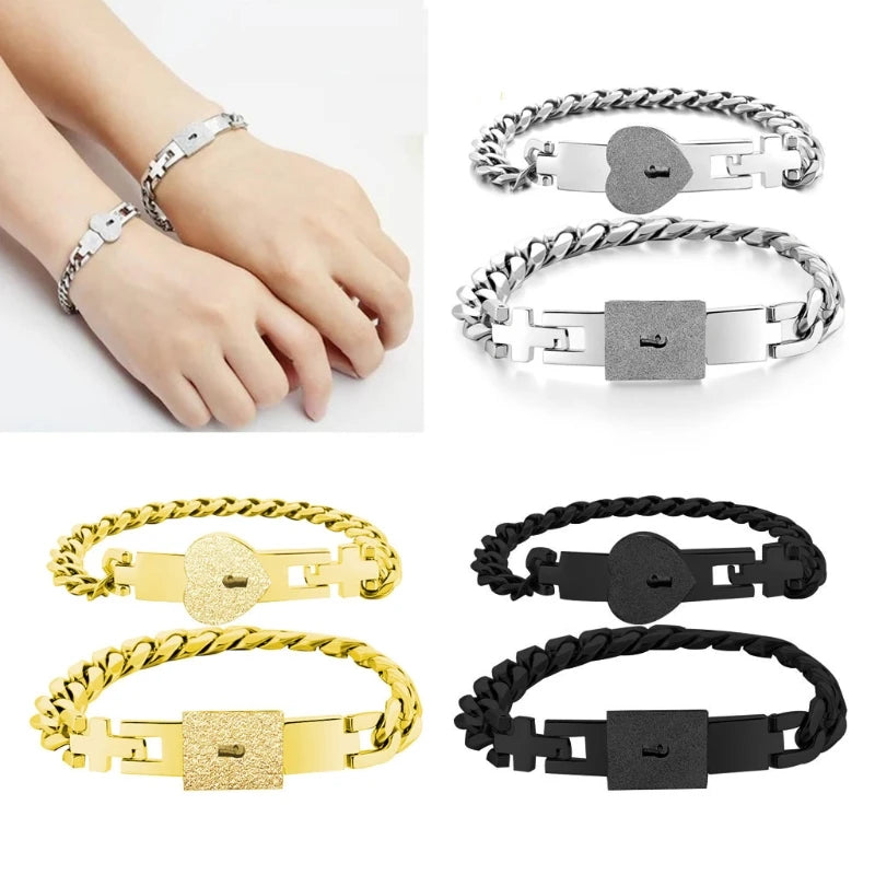 Stainless Steel Lover Heart Love Lock Bracelet with Lock Key Bangles Kit Couple Gift