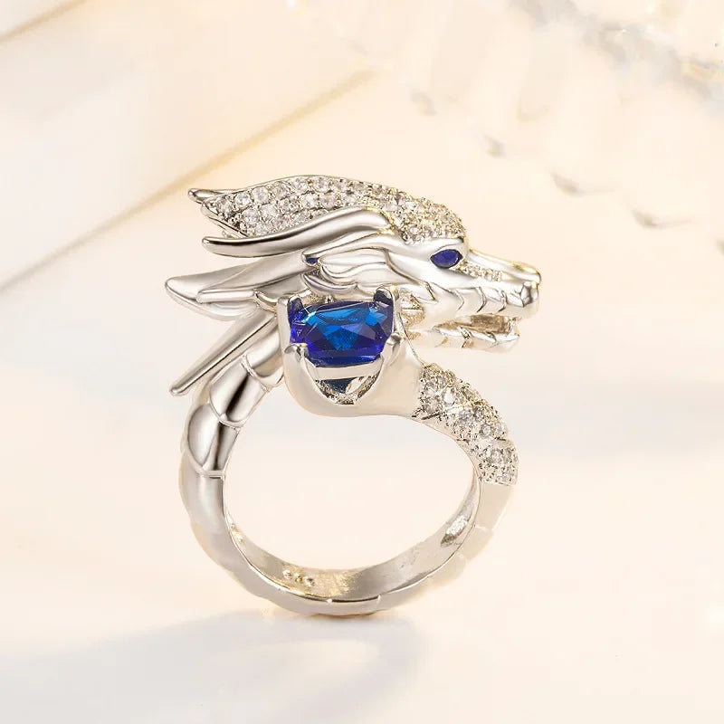 Silver Dragon Rings For Men Women Luxury Red Blue Gemstone Ring