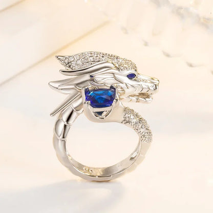 Silver Dragon Rings For Men Women Luxury Red Blue Gemstone Ring